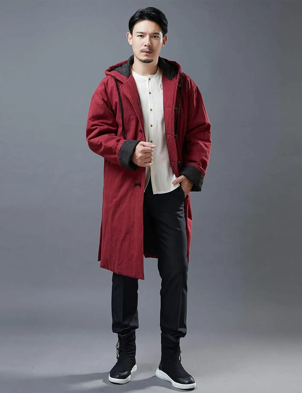 Mens Hooded Warm Winter Thicken Cotton Padded Jacket Chinese Style Cotton Linen Parka Coat Long Trench Windbreakers