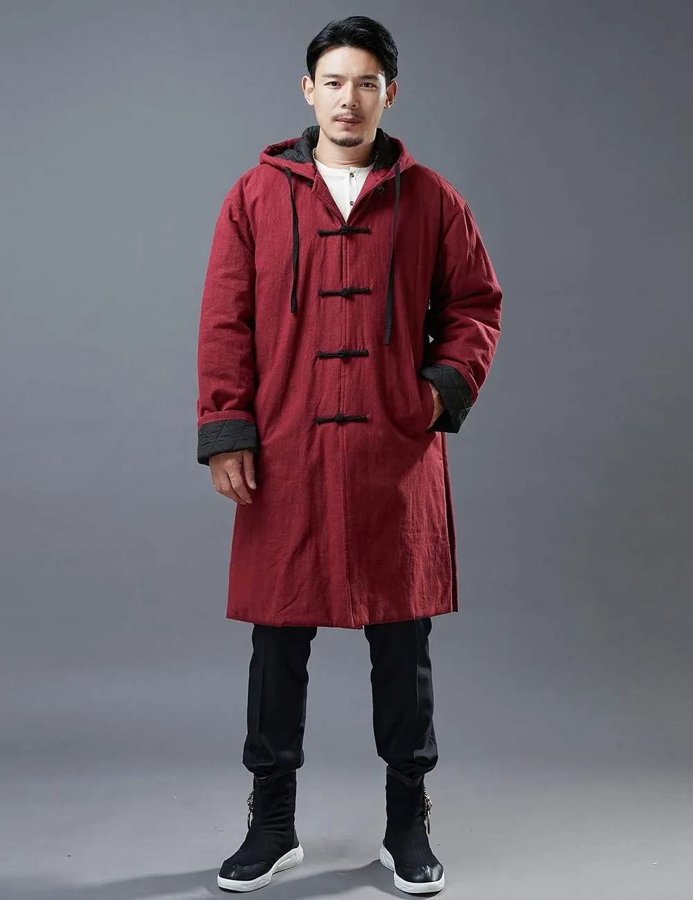 Mens Hooded Warm Winter Thicken Cotton Padded Jacket Chinese Style Cotton Linen Parka Coat Long Trench Windbreakers