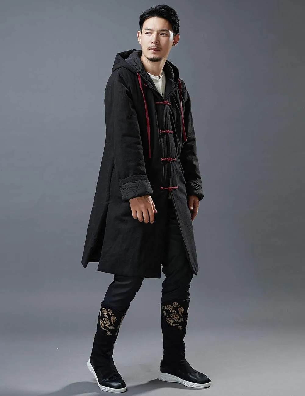 Mens Hooded Warm Winter Thicken Cotton Padded Jacket Chinese Style Cotton Linen Parka Coat Long Trench Windbreakers