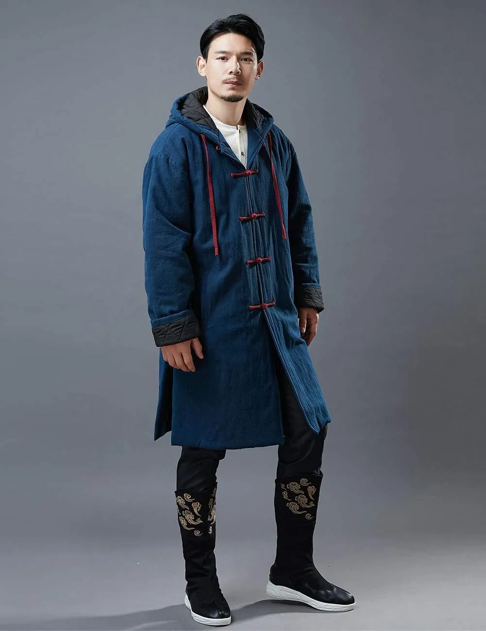 Mens Hooded Warm Winter Thicken Cotton Padded Jacket Chinese Style Cotton Linen Parka Coat Long Trench Windbreakers