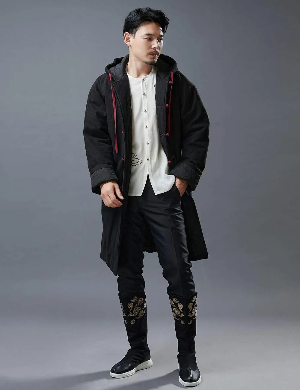 Mens Hooded Warm Winter Thicken Cotton Padded Jacket Chinese Style Cotton Linen Parka Coat Long Trench Windbreakers