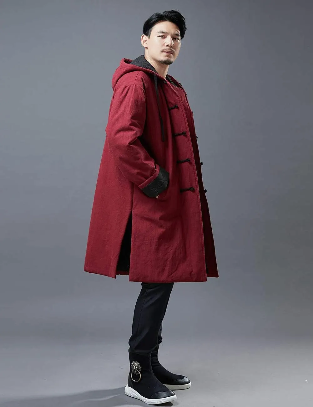 Mens Hooded Warm Winter Thicken Cotton Padded Jacket Chinese Style Cotton Linen Parka Coat Long Trench Windbreakers