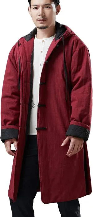 Mens Hooded Warm Winter Thicken Cotton Padded Jacket Chinese Style Cotton Linen Parka Coat Long Trench Windbreakers