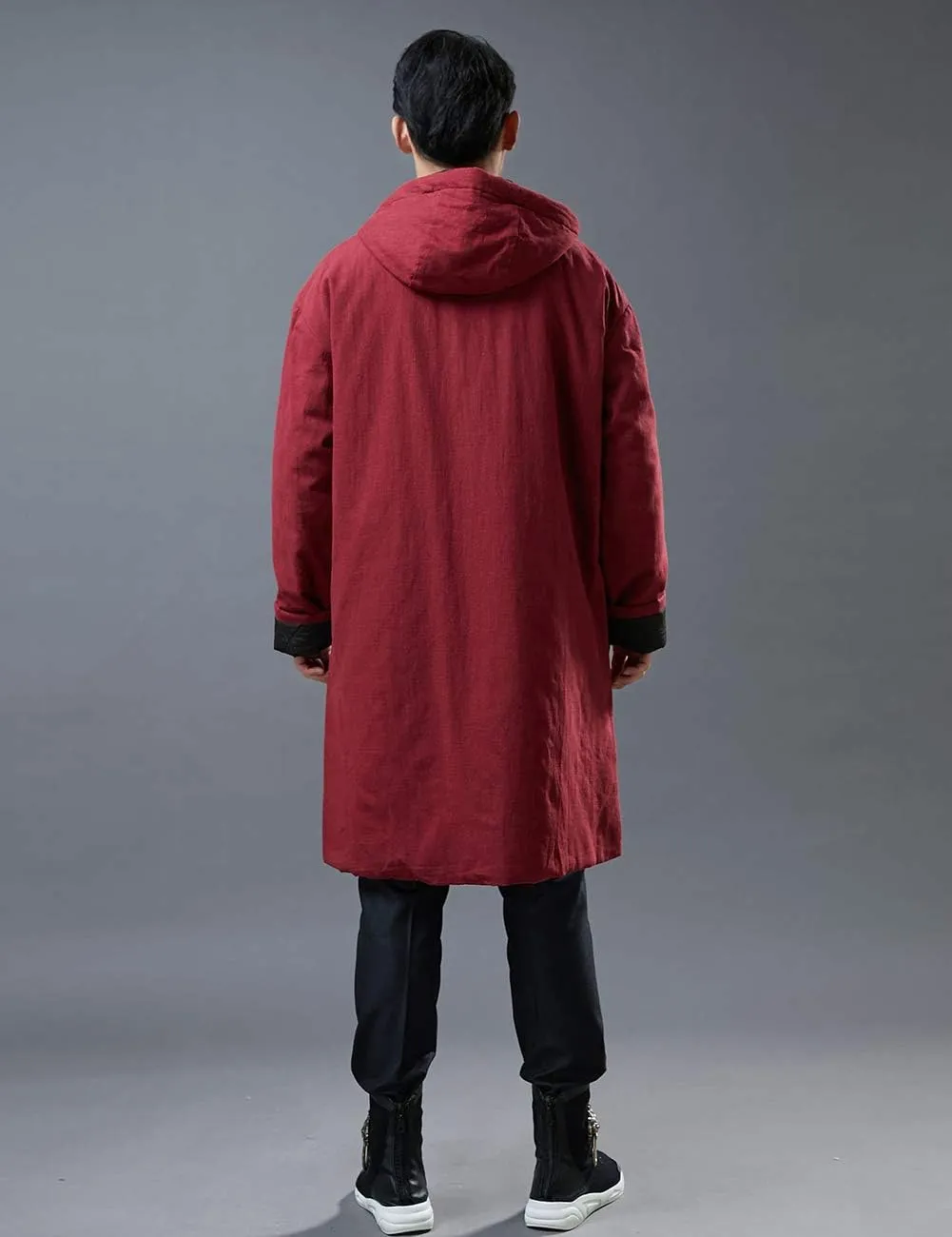 Mens Hooded Warm Winter Thicken Cotton Padded Jacket Chinese Style Cotton Linen Parka Coat Long Trench Windbreakers