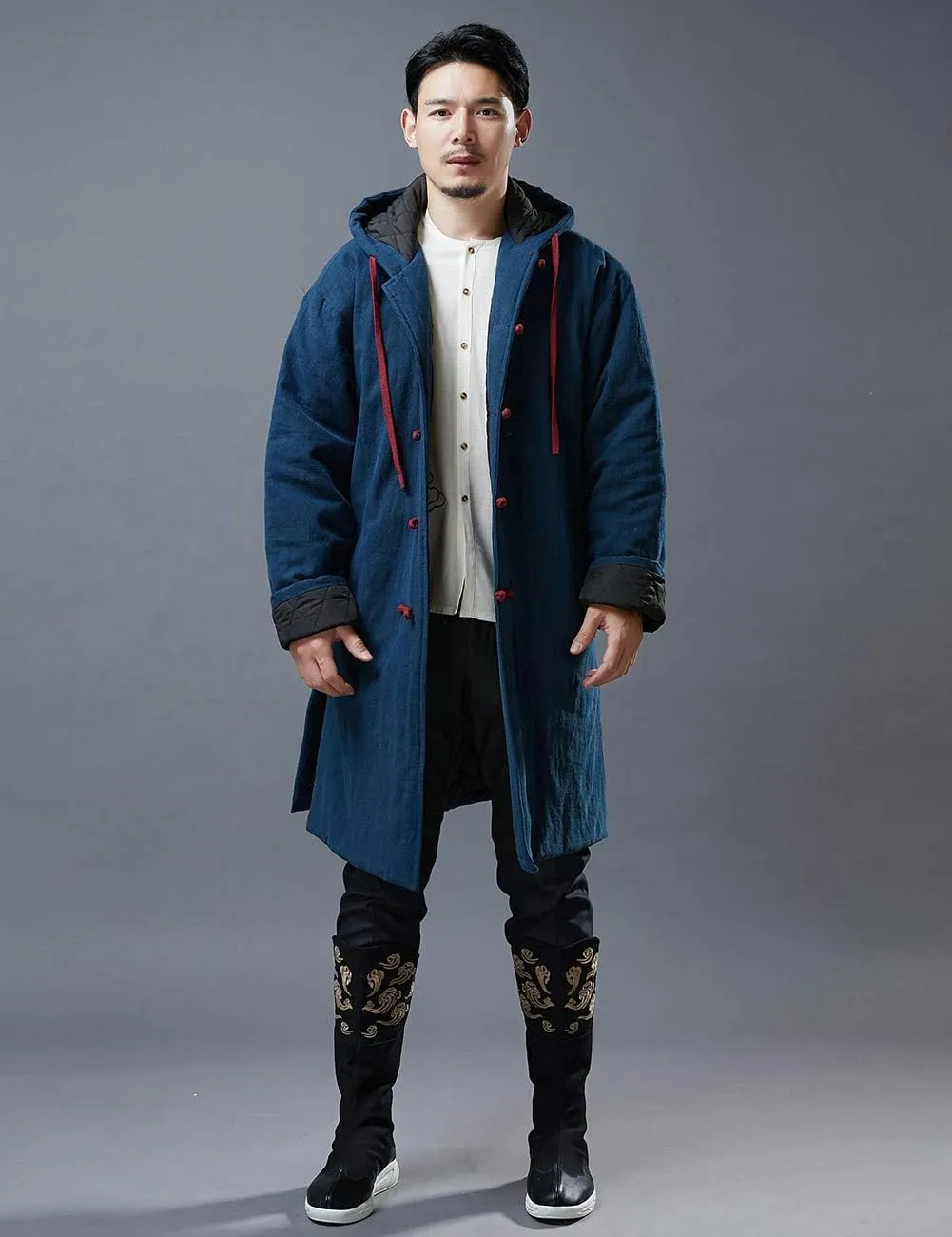 Mens Hooded Warm Winter Thicken Cotton Padded Jacket Chinese Style Cotton Linen Parka Coat Long Trench Windbreakers