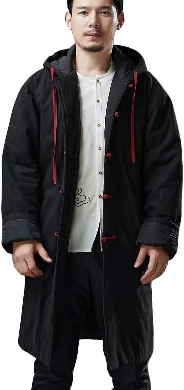Mens Hooded Warm Winter Thicken Cotton Padded Jacket Chinese Style Cotton Linen Parka Coat Long Trench Windbreakers