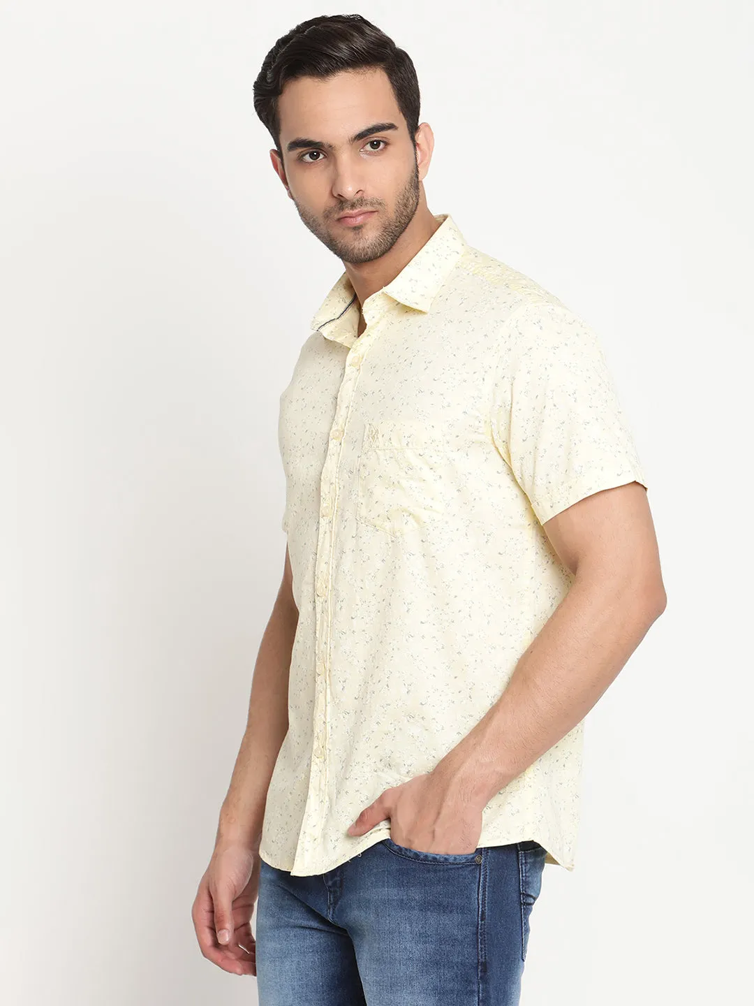 Men's Lemon Yellow Casual Ditsy Print Half Sleeve Shirt