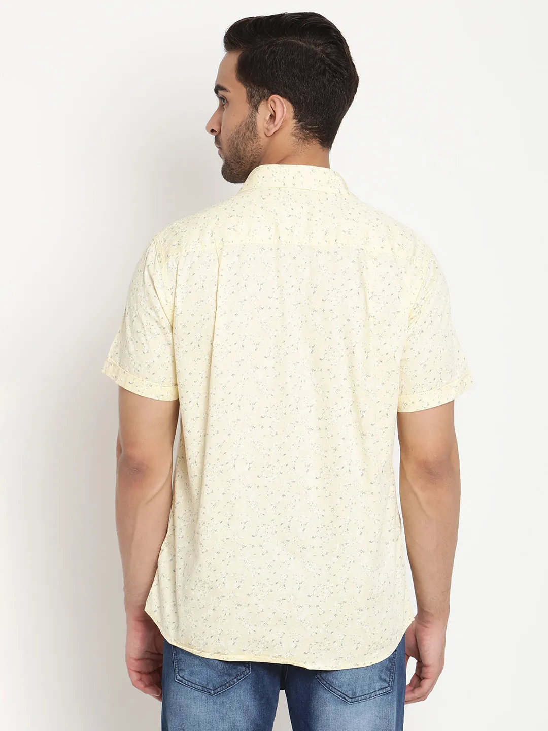 Men's Lemon Yellow Casual Ditsy Print Half Sleeve Shirt