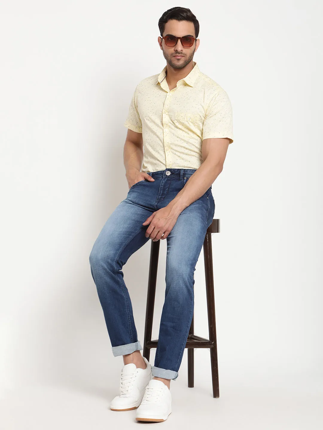 Men's Lemon Yellow Casual Ditsy Print Half Sleeve Shirt
