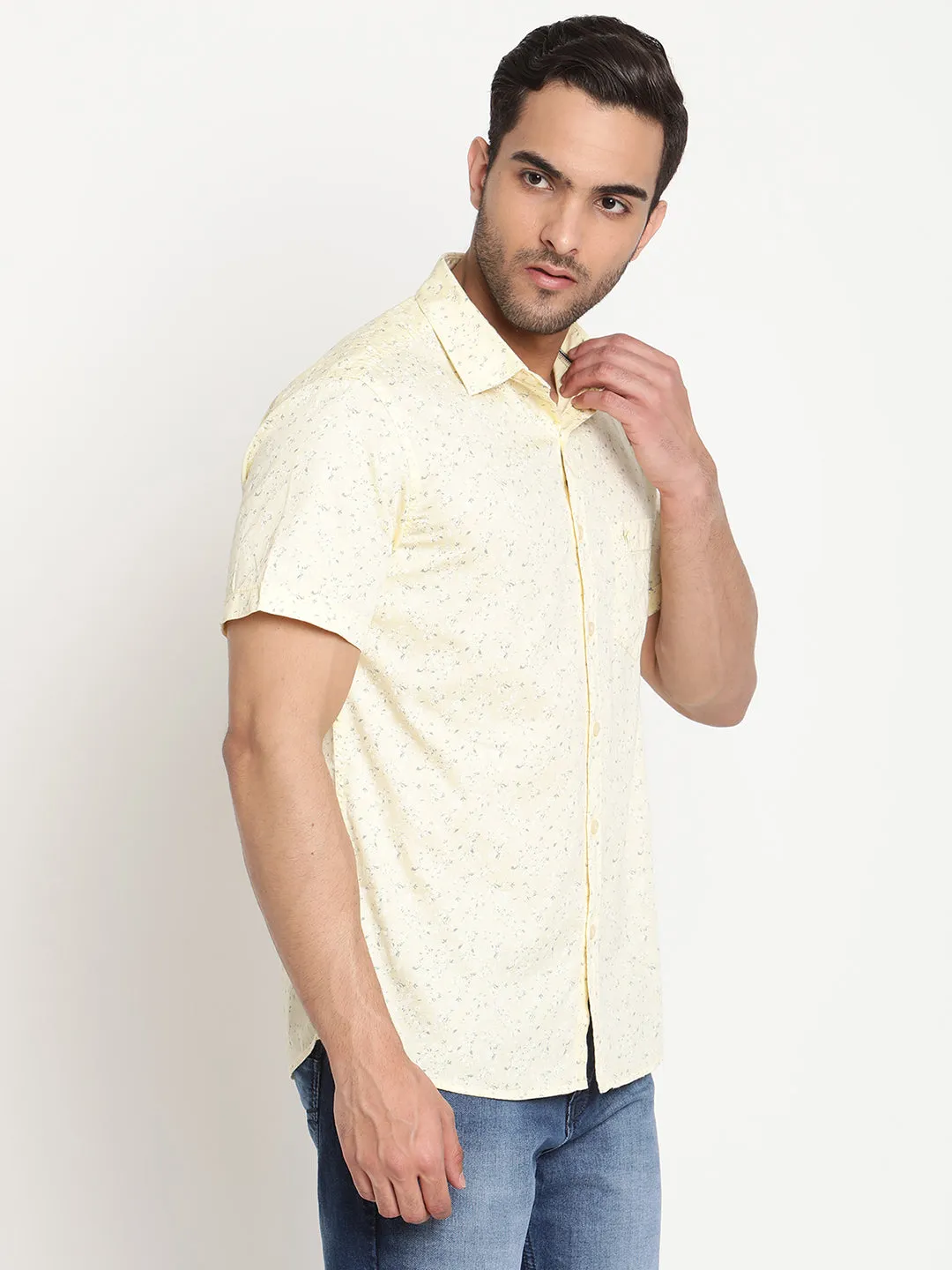 Men's Lemon Yellow Casual Ditsy Print Half Sleeve Shirt