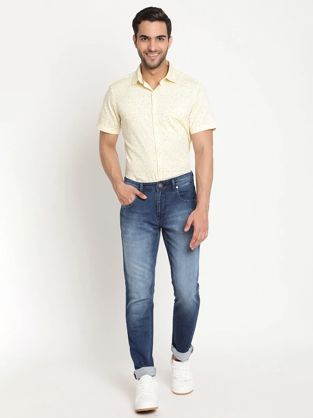 Men's Lemon Yellow Casual Ditsy Print Half Sleeve Shirt