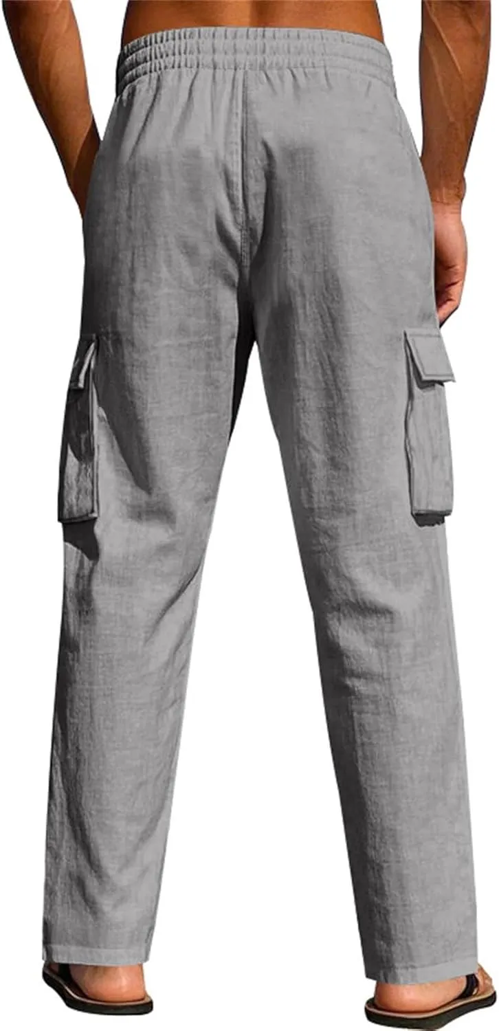 Mens Linen Pants Slim Fit Casual Drawstring Summer Beach Pants Lightweight Breathable Flat Front Trouser with Pockets