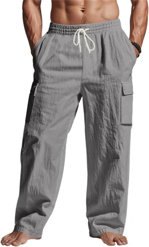 Mens Linen Pants Slim Fit Casual Drawstring Summer Beach Pants Lightweight Breathable Flat Front Trouser with Pockets