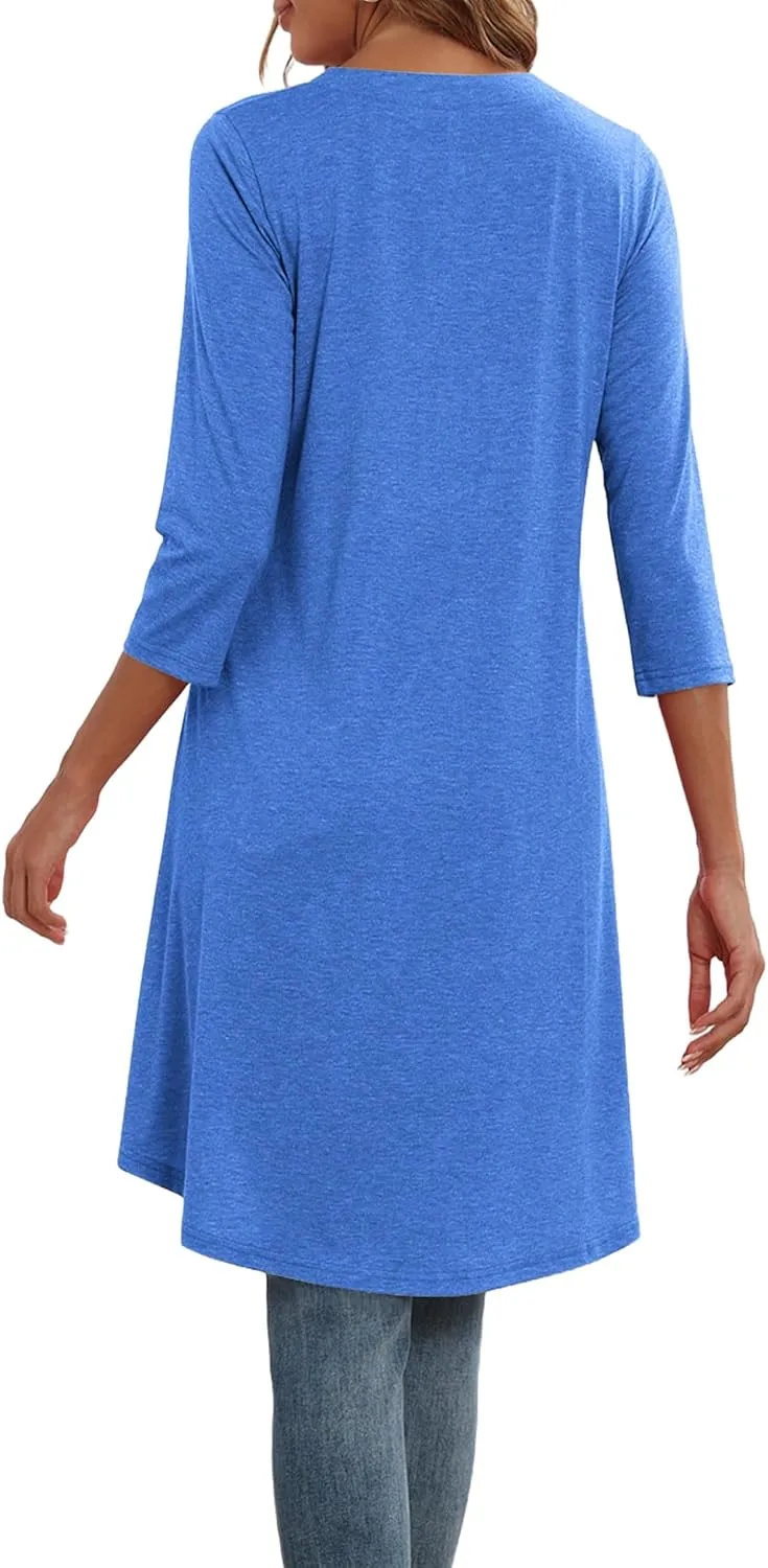 Naggoo Women's 3/4 Sleeve T-Shirts Crew Neck Buttons High Low Loose Casual Long Tunic Tops Blouses S-3XL