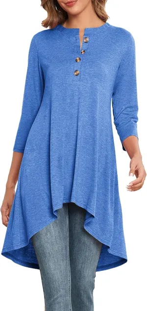 Naggoo Women's 3/4 Sleeve T-Shirts Crew Neck Buttons High Low Loose Casual Long Tunic Tops Blouses S-3XL