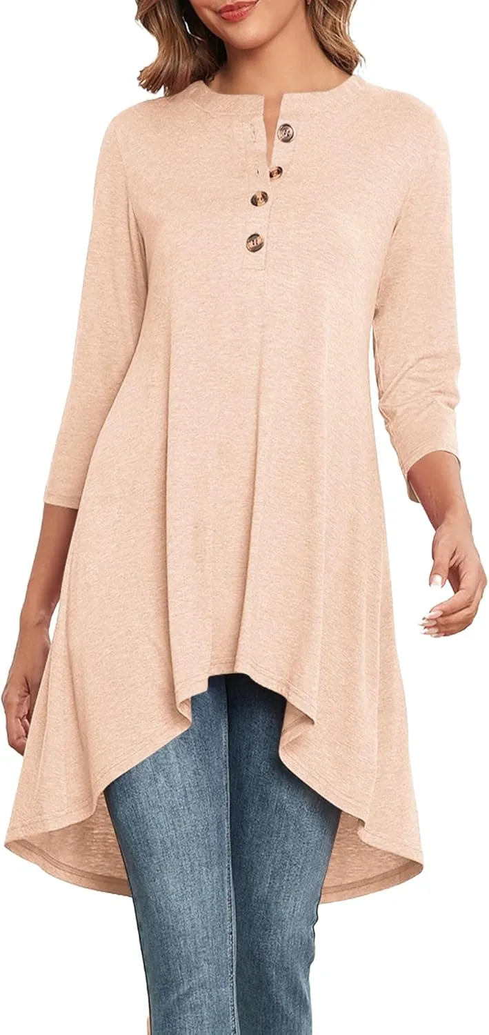 Naggoo Women's 3/4 Sleeve T-Shirts Crew Neck Buttons High Low Loose Casual Long Tunic Tops Blouses S-3XL