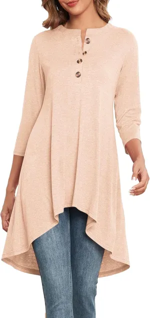 Naggoo Women's 3/4 Sleeve T-Shirts Crew Neck Buttons High Low Loose Casual Long Tunic Tops Blouses S-3XL