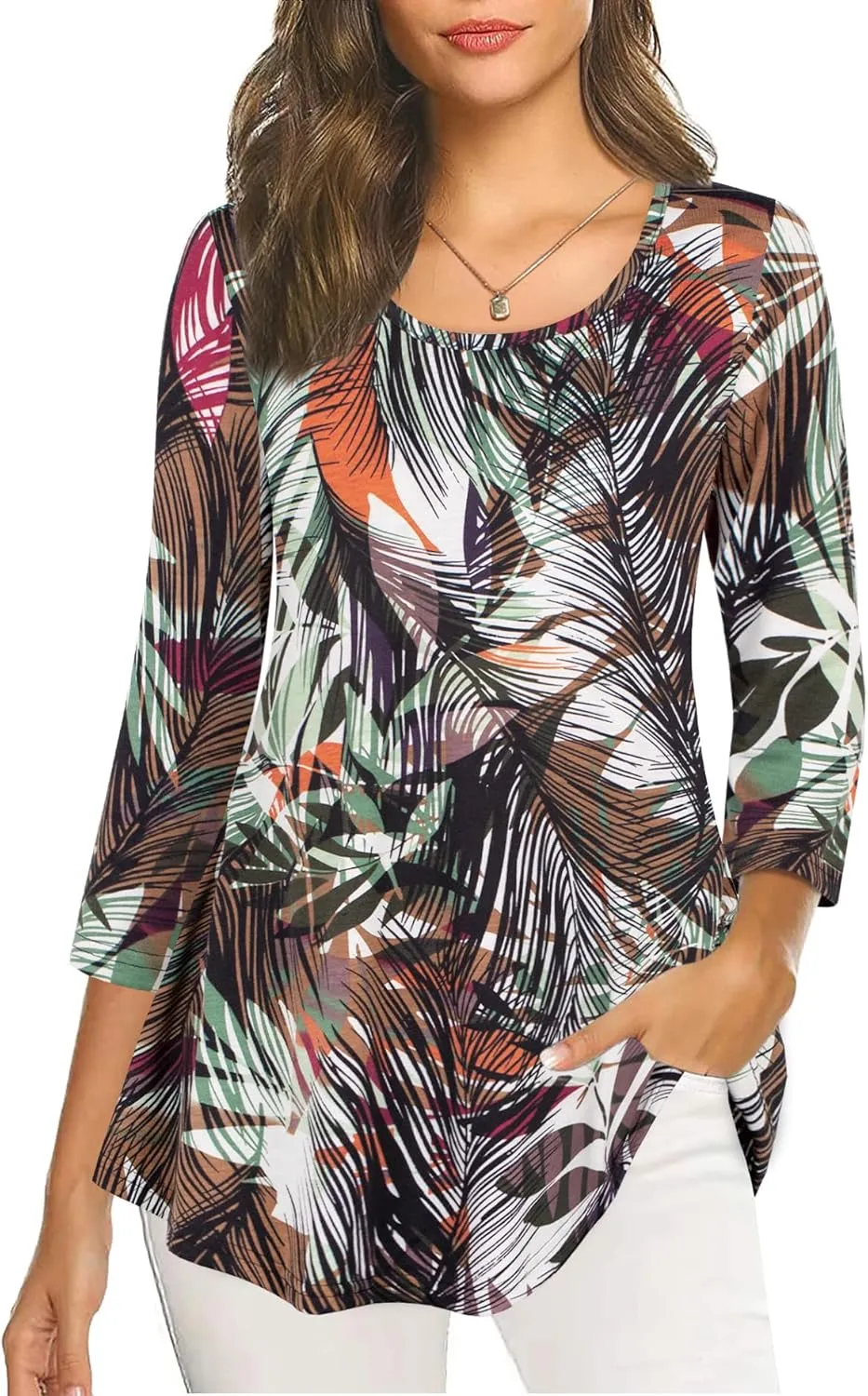 Nandashe Womens 3/4 Sleeves Floral Tunic Shirts Summer Casual Dressy Blouse Tops