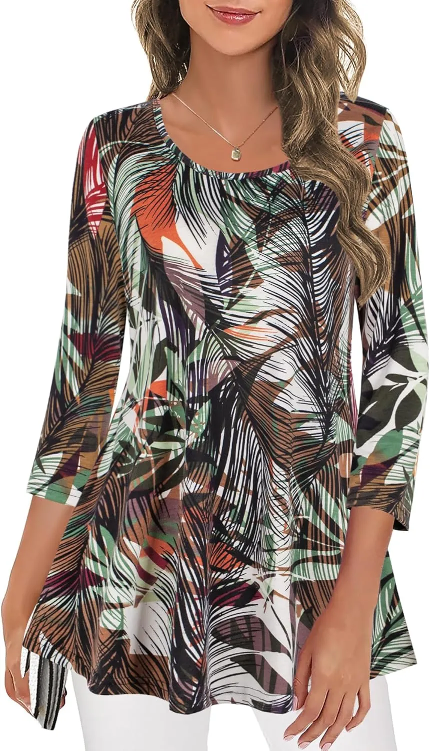 Nandashe Womens 3/4 Sleeves Floral Tunic Shirts Summer Casual Dressy Blouse Tops