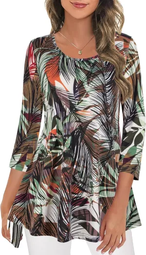 Nandashe Womens 3/4 Sleeves Floral Tunic Shirts Summer Casual Dressy Blouse Tops