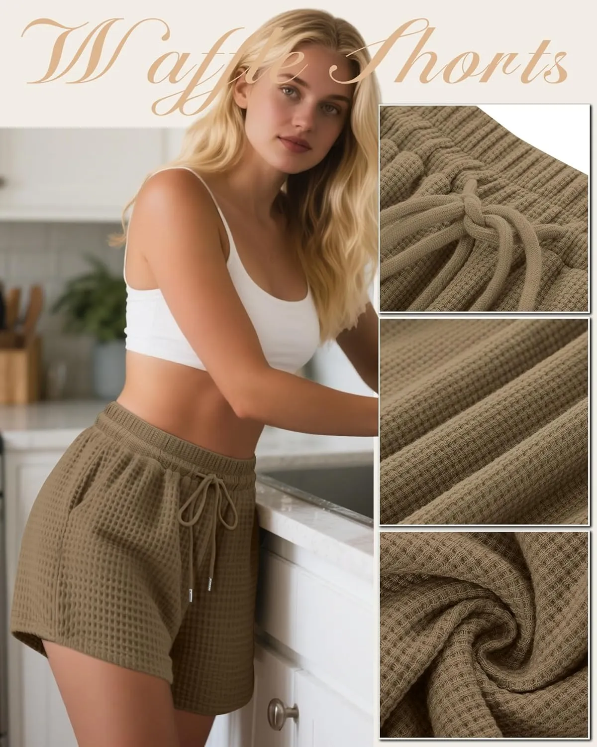Neer 3 Pack Women's Waffle Knit Shorts High Waist Loose Drawstring Casual Summer Lightweight Soft Pants with Pockets