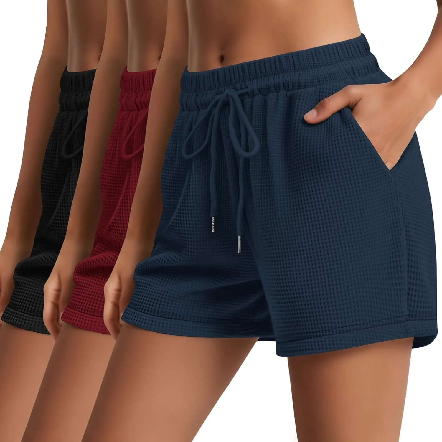 Neer 3 Pack Women's Waffle Knit Shorts High Waist Loose Drawstring Casual Summer Lightweight Soft Pants with Pockets