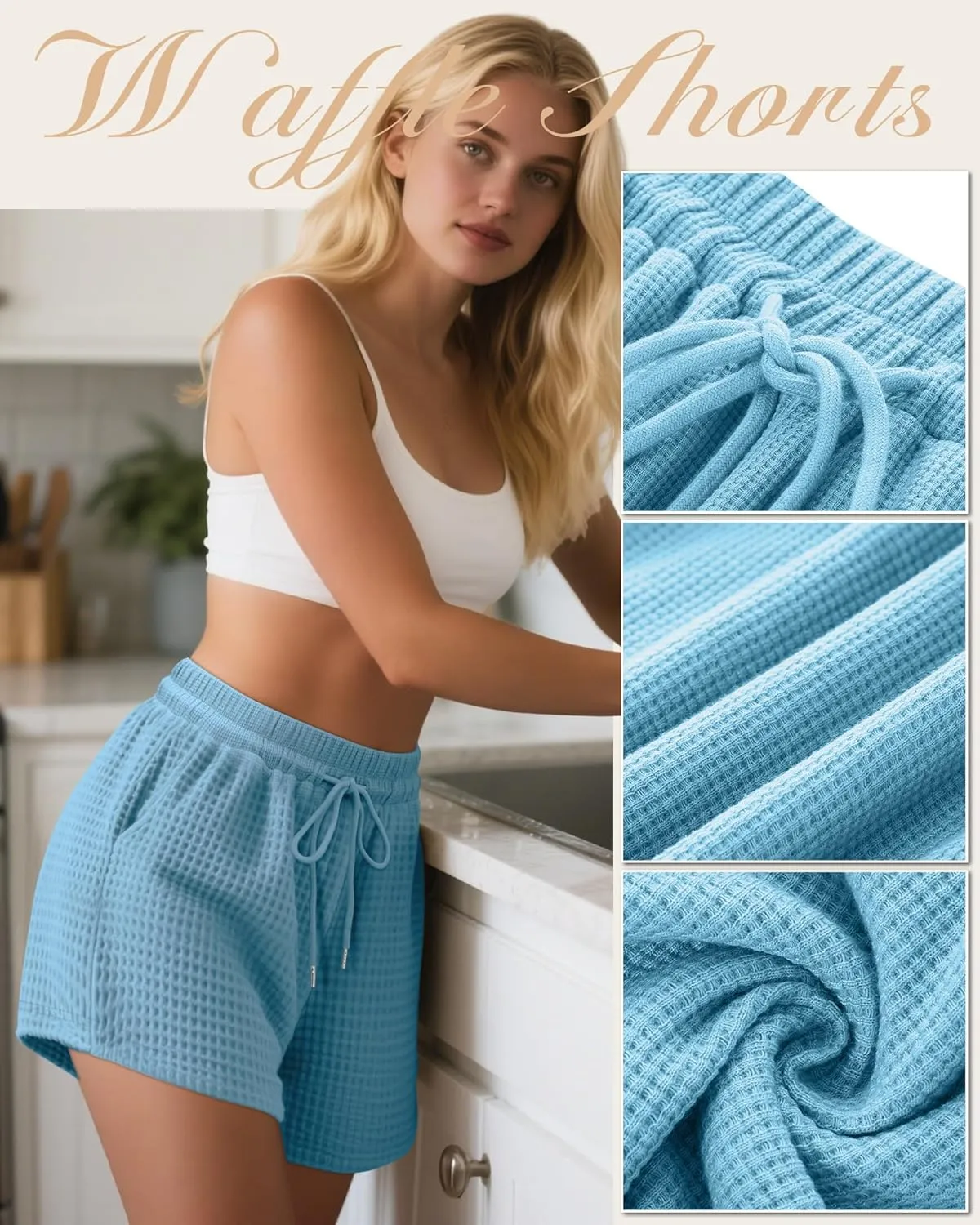 Neer 3 Pack Women's Waffle Knit Shorts High Waist Loose Drawstring Casual Summer Lightweight Soft Pants with Pockets