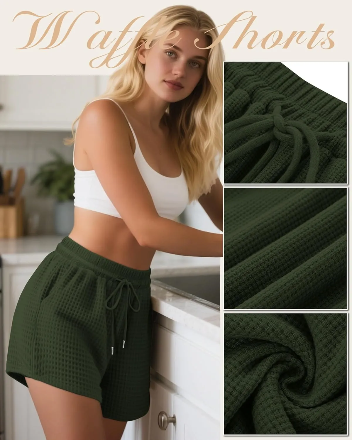 Neer 3 Pack Women's Waffle Knit Shorts High Waist Loose Drawstring Casual Summer Lightweight Soft Pants with Pockets