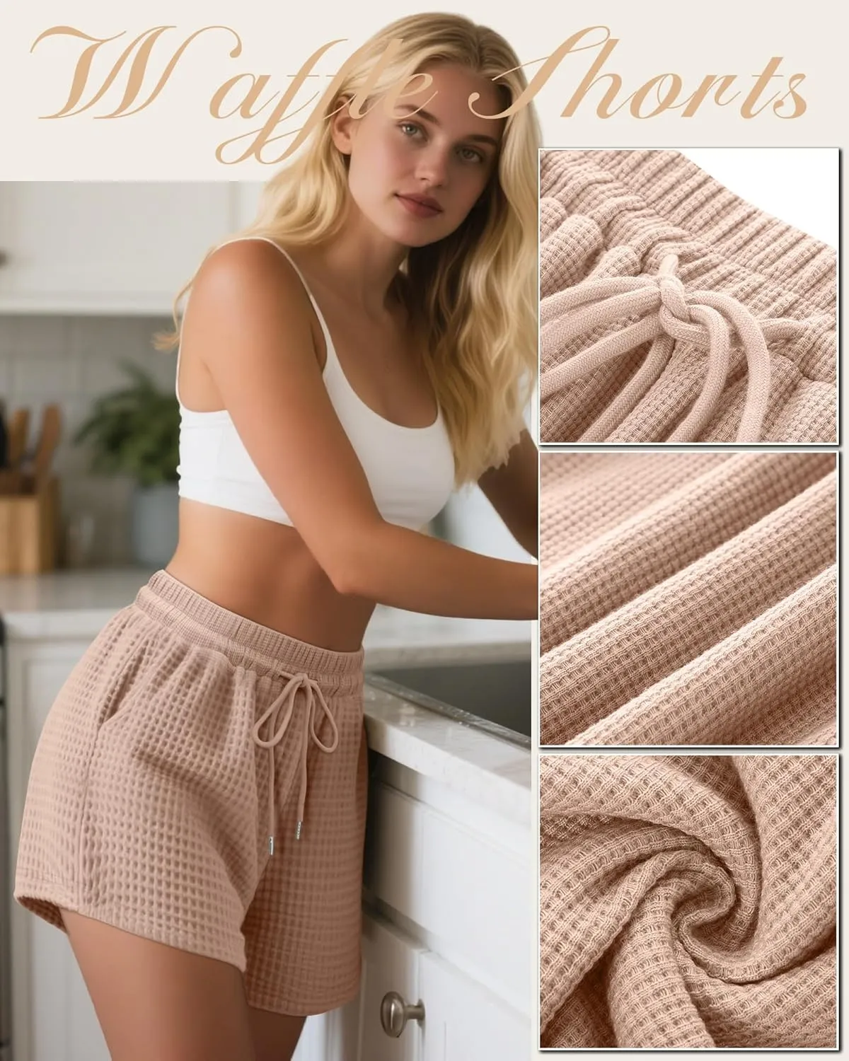 Neer 3 Pack Women's Waffle Knit Shorts High Waist Loose Drawstring Casual Summer Lightweight Soft Pants with Pockets
