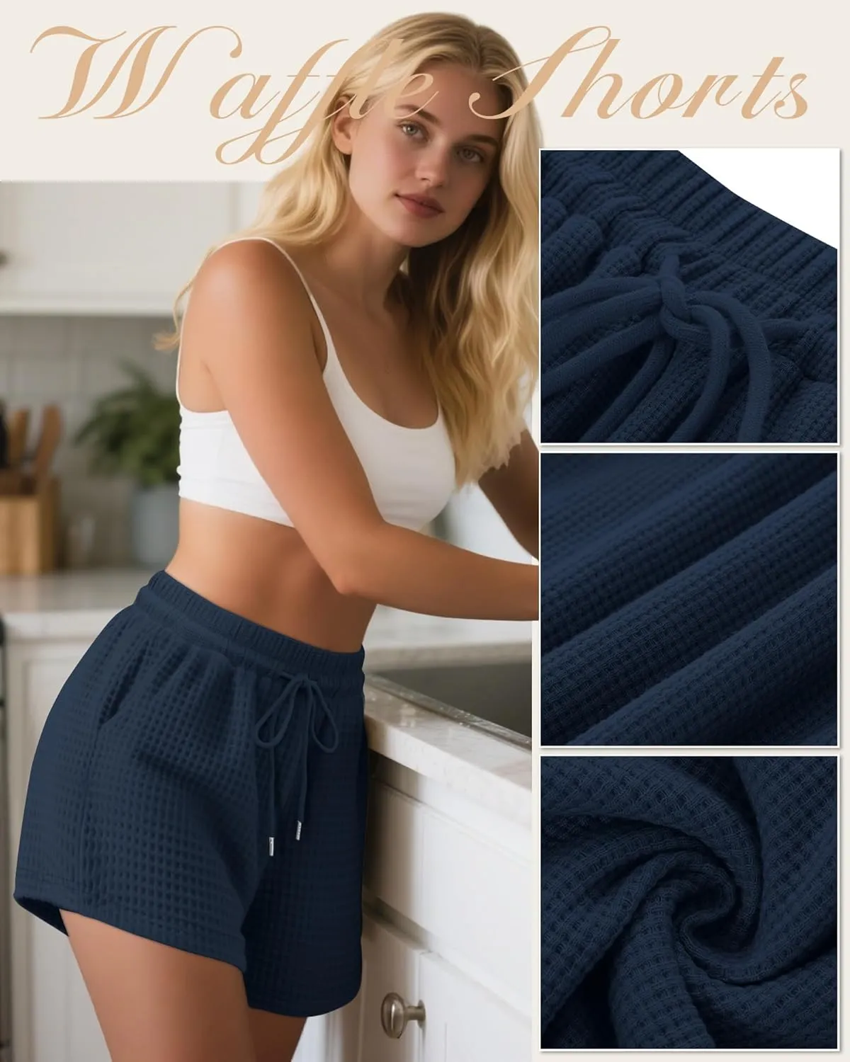 Neer 3 Pack Women's Waffle Knit Shorts High Waist Loose Drawstring Casual Summer Lightweight Soft Pants with Pockets