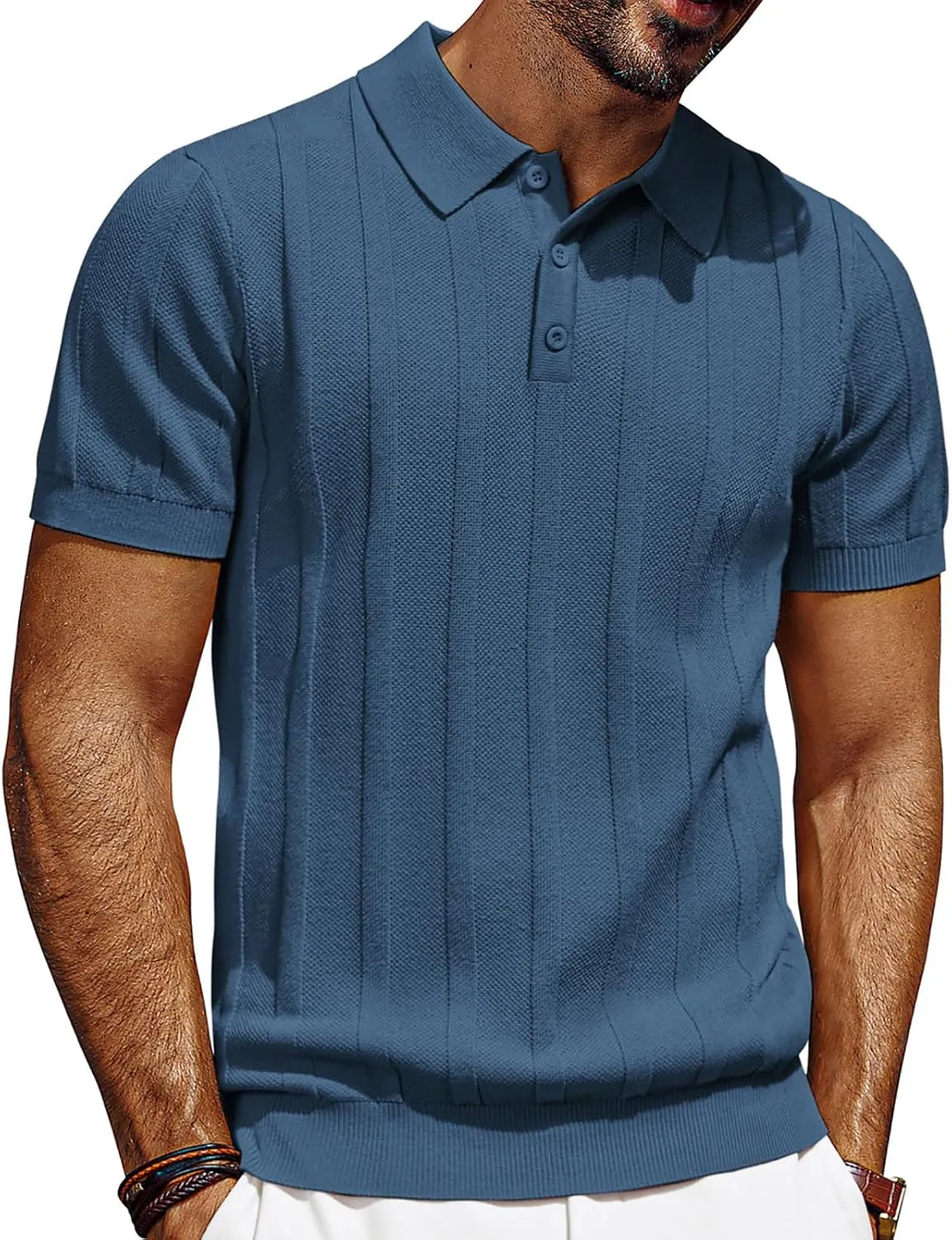 PJ PAUL JONES Mens Polo Shirts Short Sleeve Textured Knit Polo Shirt Ribbed Casual Golf Shirts