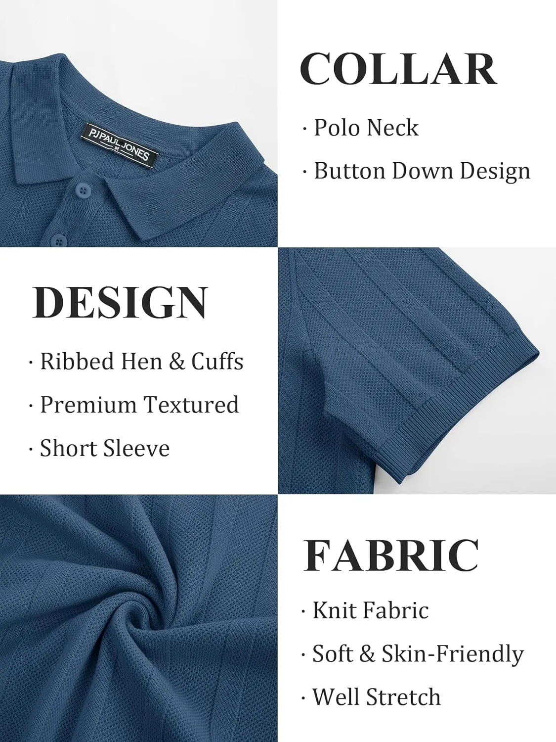 PJ PAUL JONES Mens Polo Shirts Short Sleeve Textured Knit Polo Shirt Ribbed Casual Golf Shirts