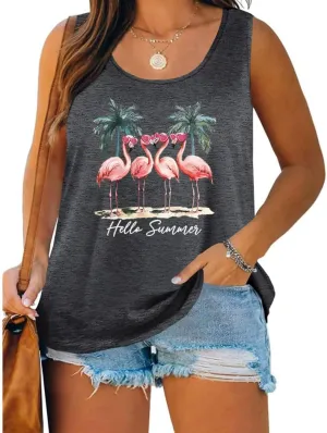 Plus Size Tank Top for Women Sun Salt Sea Letter Graphic Printed Sleeveless Loose Casual Tunics Shirts