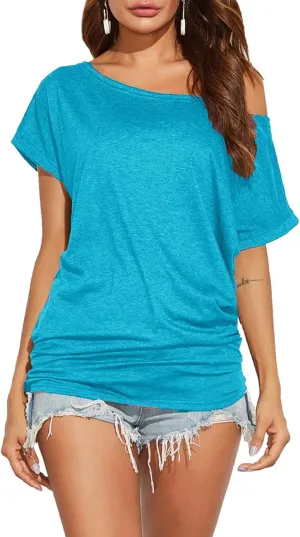 Poetsky Women's Summer Off Shoulder Shirts Casual Loose Short Sleeve Tunics Tops