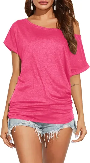 Poetsky Women's Summer Off Shoulder Shirts Casual Loose Short Sleeve Tunics Tops