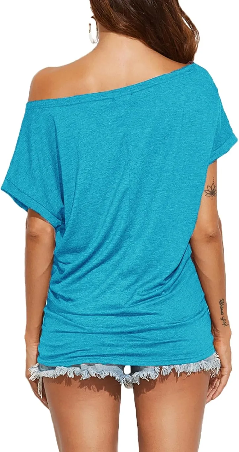 Poetsky Women's Summer Off Shoulder Shirts Casual Loose Short Sleeve Tunics Tops
