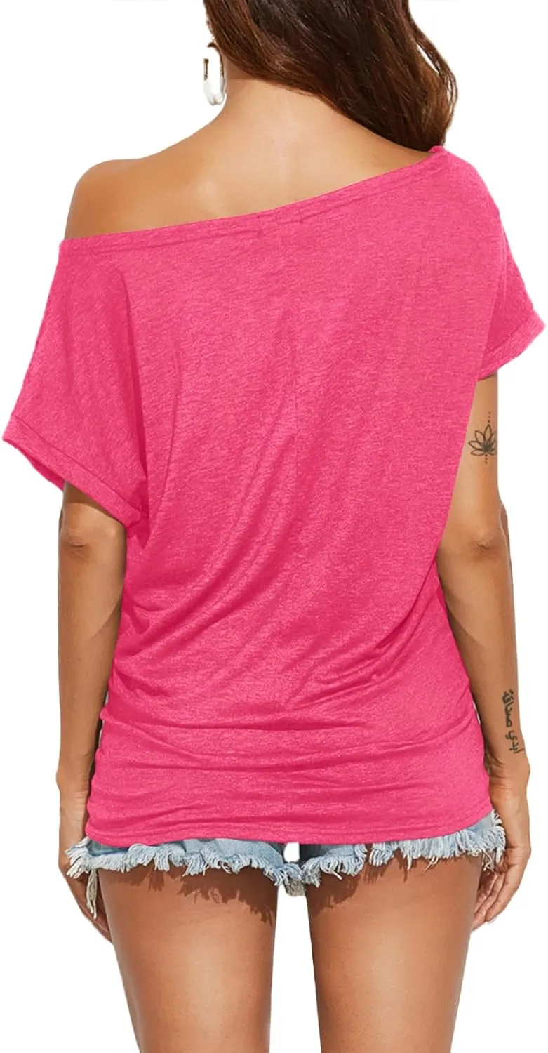 Poetsky Women's Summer Off Shoulder Shirts Casual Loose Short Sleeve Tunics Tops