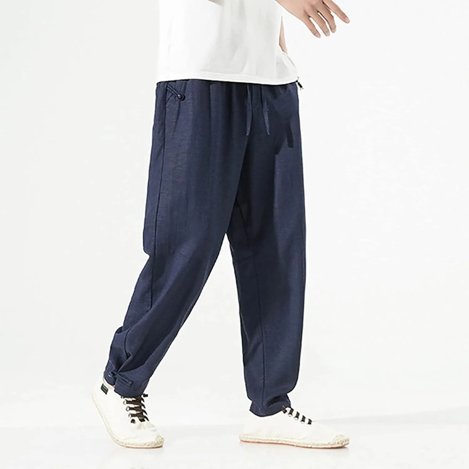 PTOLOCIF Mens Cotton Pants Summer Casual Elastic Waist Drawstring Pants Lightweight Beach Dress Trousers with Pockets