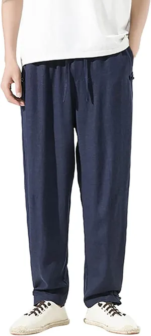 PTOLOCIF Mens Cotton Pants Summer Casual Elastic Waist Drawstring Pants Lightweight Beach Dress Trousers with Pockets
