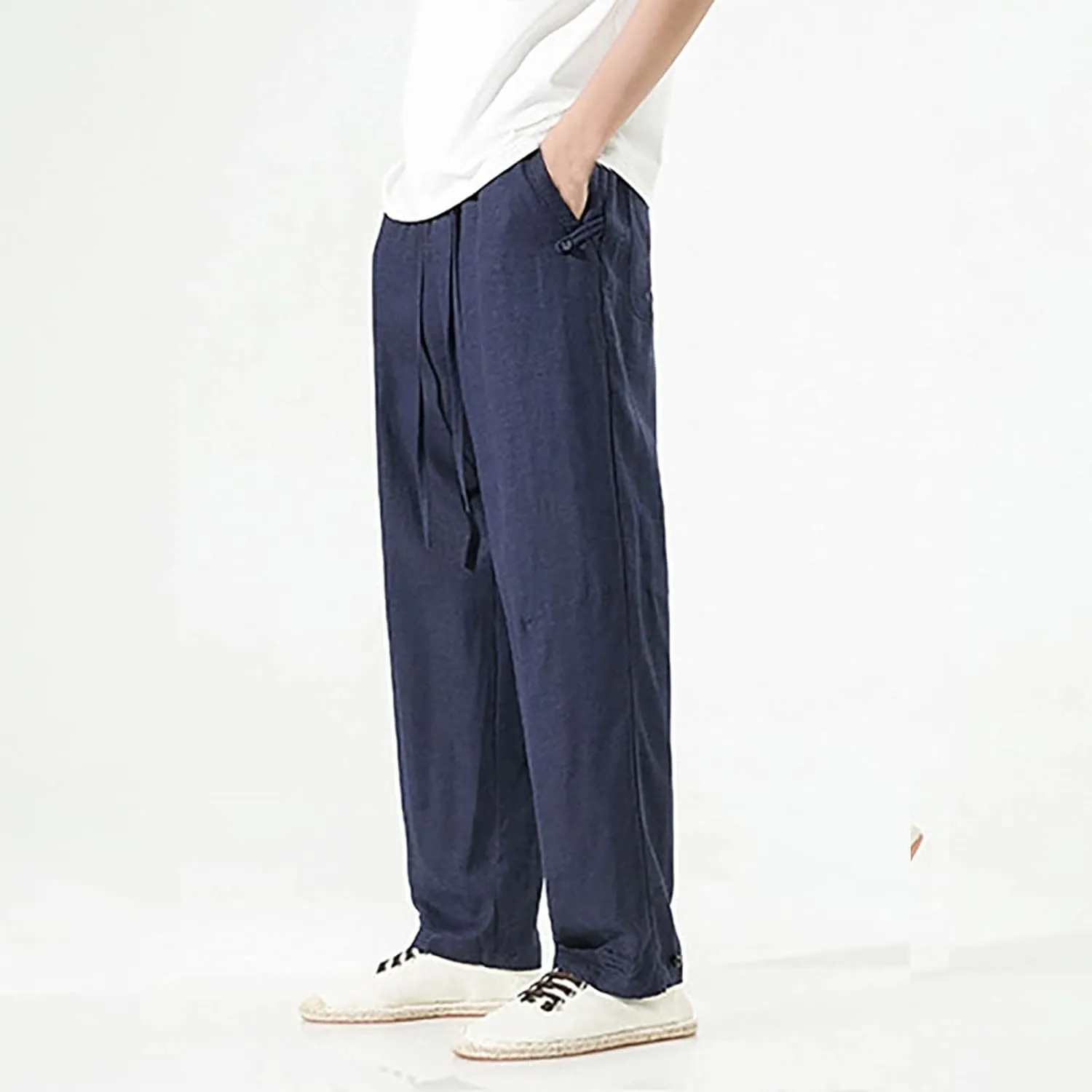 PTOLOCIF Mens Cotton Pants Summer Casual Elastic Waist Drawstring Pants Lightweight Beach Dress Trousers with Pockets