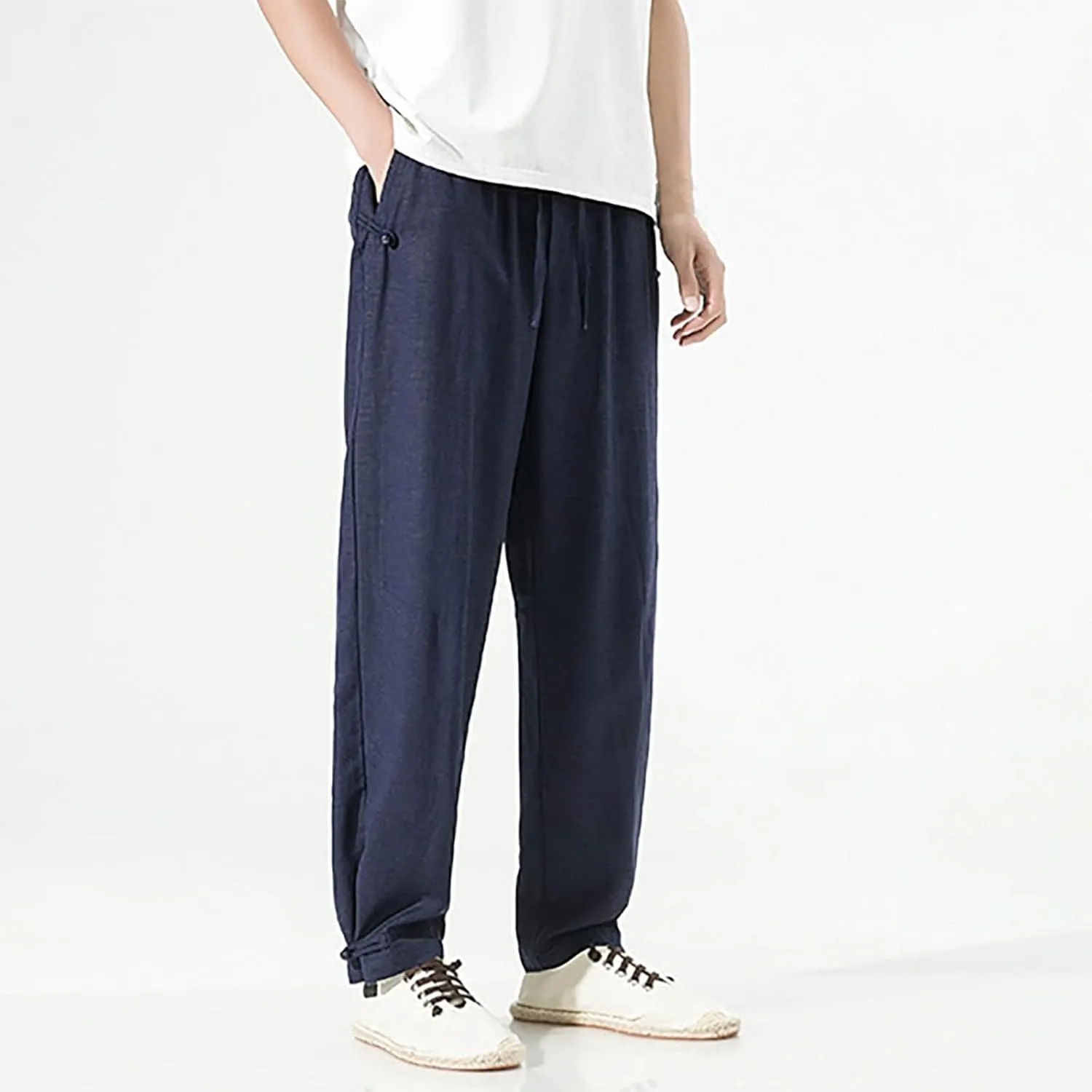 PTOLOCIF Mens Cotton Pants Summer Casual Elastic Waist Drawstring Pants Lightweight Beach Dress Trousers with Pockets
