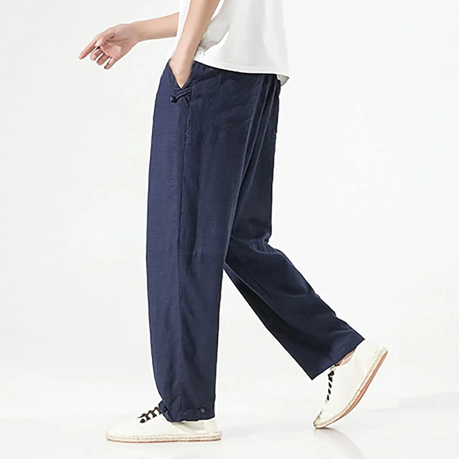 PTOLOCIF Mens Cotton Pants Summer Casual Elastic Waist Drawstring Pants Lightweight Beach Dress Trousers with Pockets