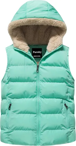 Pursky Girl's and Boy's Hooded Warm Puffer Vest Outerwear Soft Flannel Lined Insulation Waistcoat