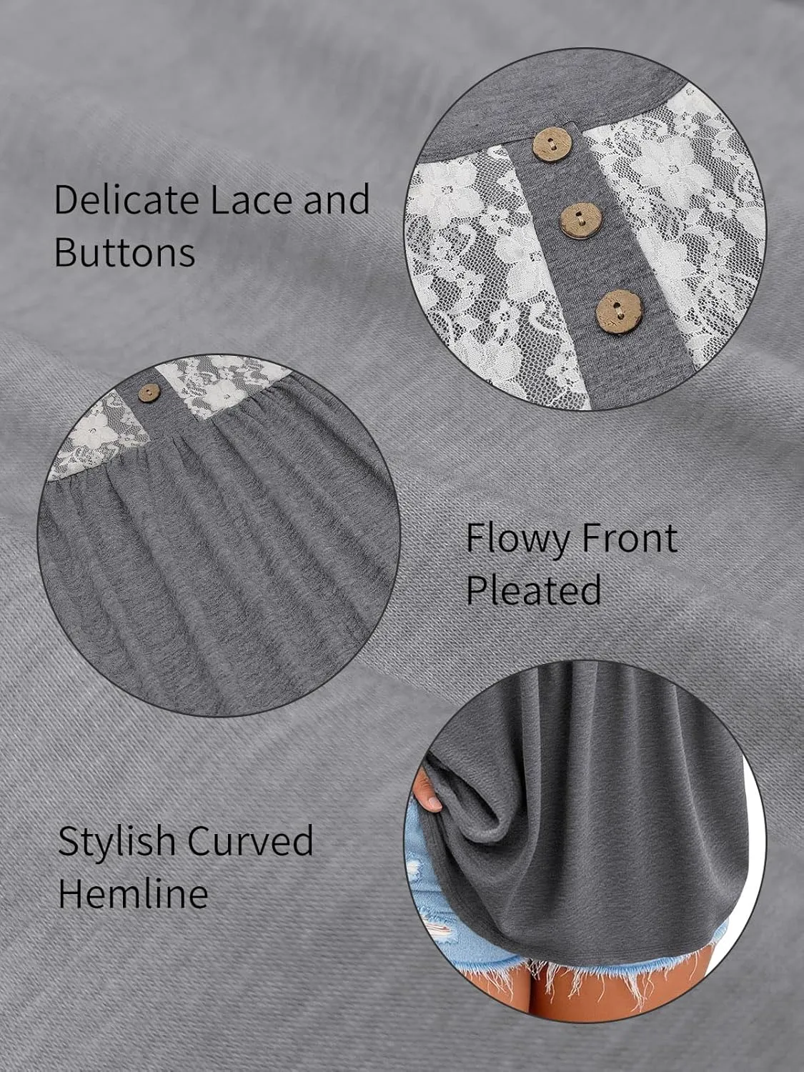 ROSRISS Plus Size Tank Tops for Women Summer Lace Buttons Tunics Cute Pleated Crewneck Blouses Loose Fit Curved Hem T-Shirts
