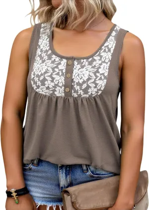 ROSRISS Plus Size Tank Tops for Women Summer Lace Buttons Tunics Cute Pleated Crewneck Blouses Loose Fit Curved Hem T-Shirts