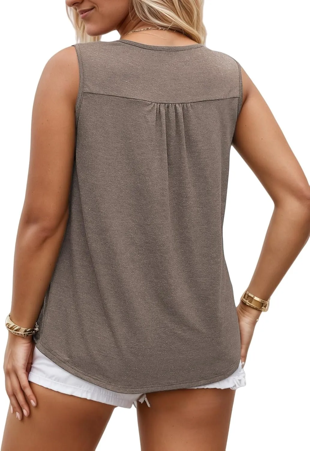 ROSRISS Plus Size Tank Tops for Women Summer Lace Buttons Tunics Cute Pleated Crewneck Blouses Loose Fit Curved Hem T-Shirts
