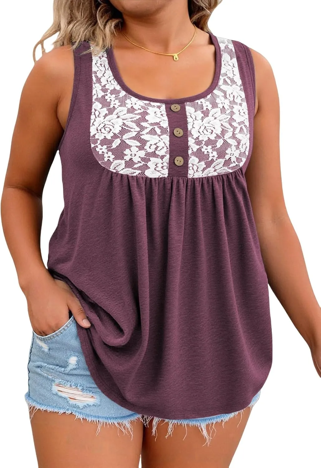 ROSRISS Plus Size Tank Tops for Women Summer Lace Buttons Tunics Cute Pleated Crewneck Blouses Loose Fit Curved Hem T-Shirts