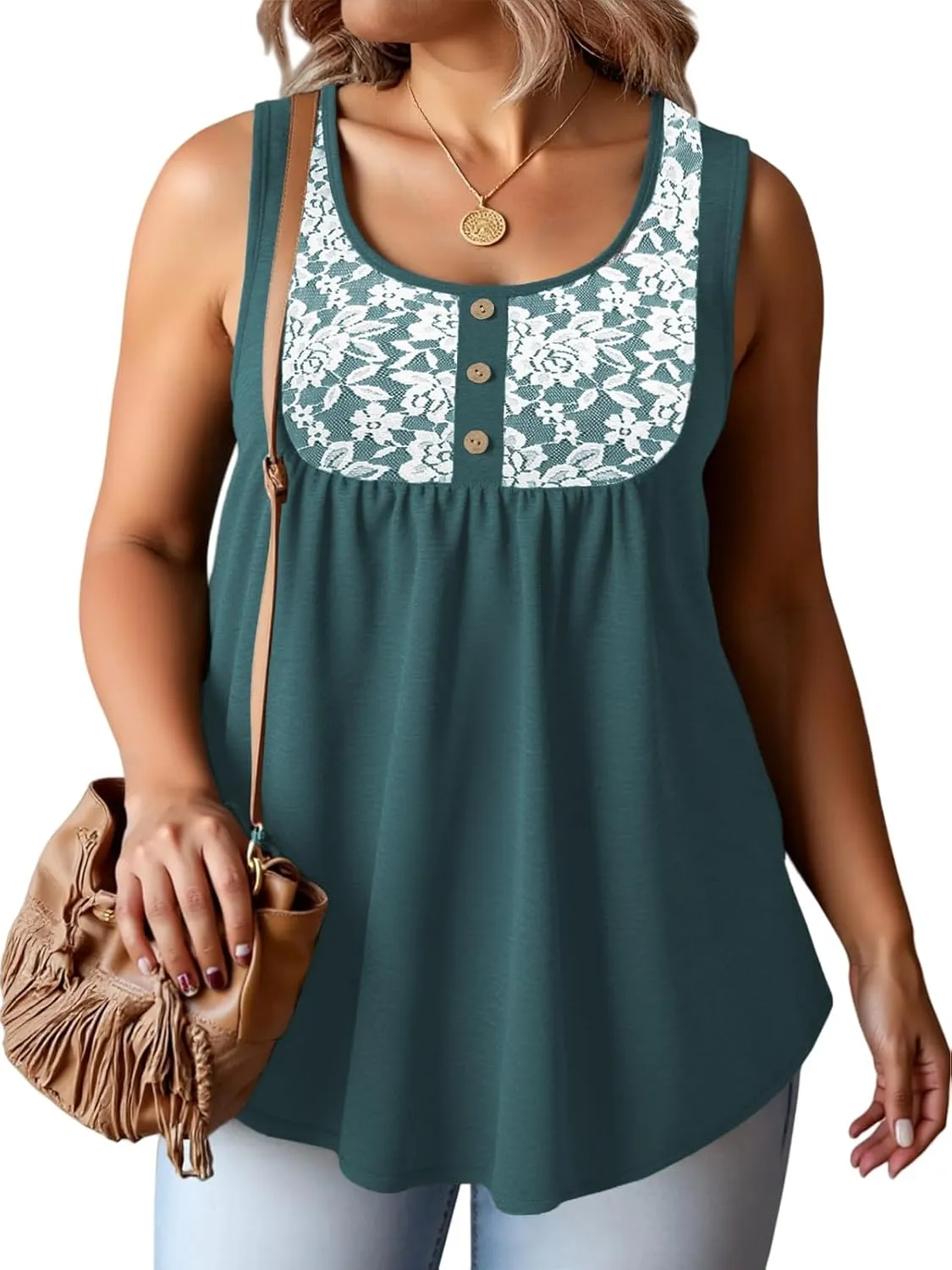ROSRISS Plus Size Tank Tops for Women Summer Lace Buttons Tunics Cute Pleated Crewneck Blouses Loose Fit Curved Hem T-Shirts