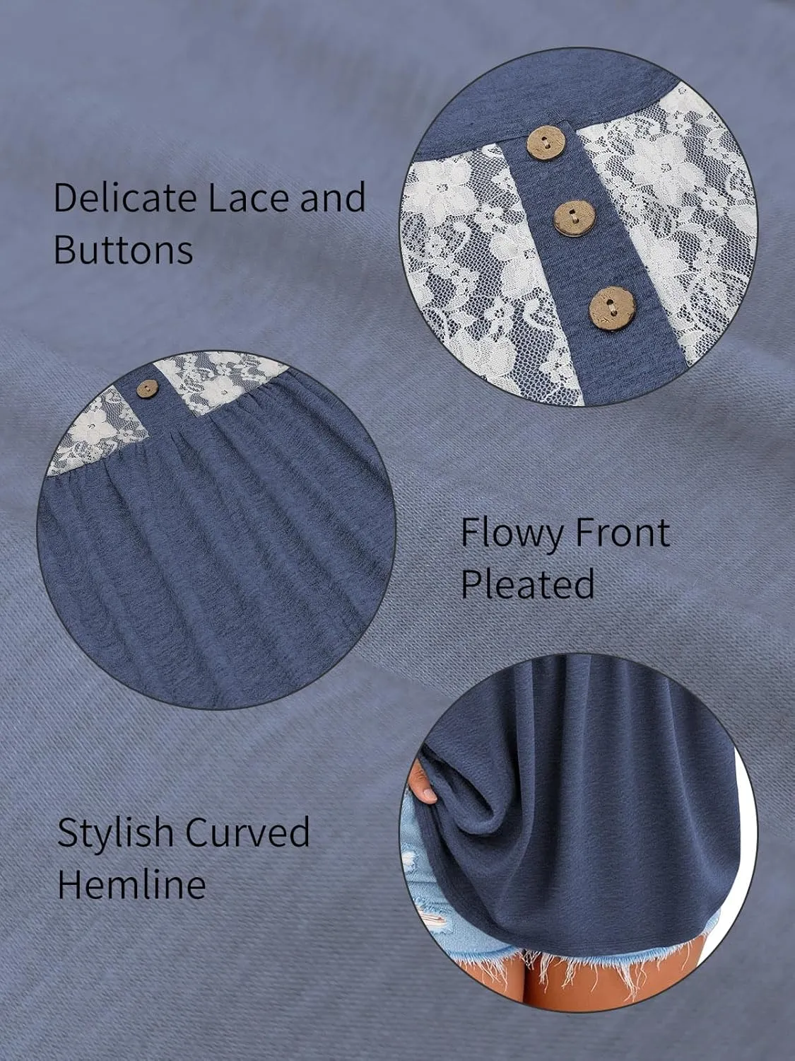 ROSRISS Plus Size Tank Tops for Women Summer Lace Buttons Tunics Cute Pleated Crewneck Blouses Loose Fit Curved Hem T-Shirts