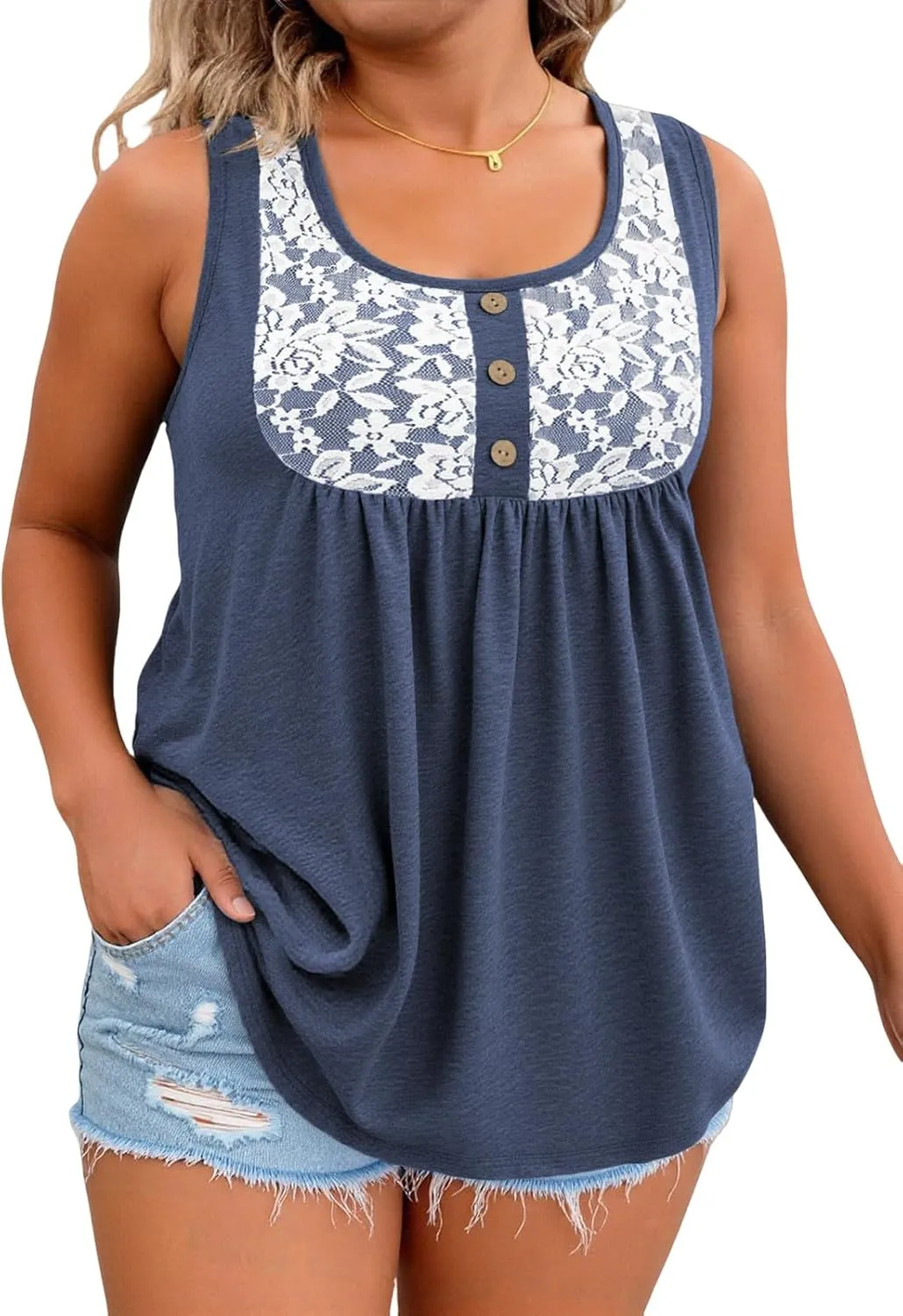 ROSRISS Plus Size Tank Tops for Women Summer Lace Buttons Tunics Cute Pleated Crewneck Blouses Loose Fit Curved Hem T-Shirts